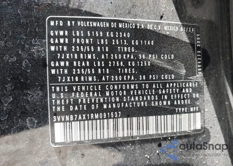 2024 Volkswagen Tiguan 2.0T Se/2.0T Wolfsburg Edition из США, поврежденный, VIN 3VVNB7AX1RM091537